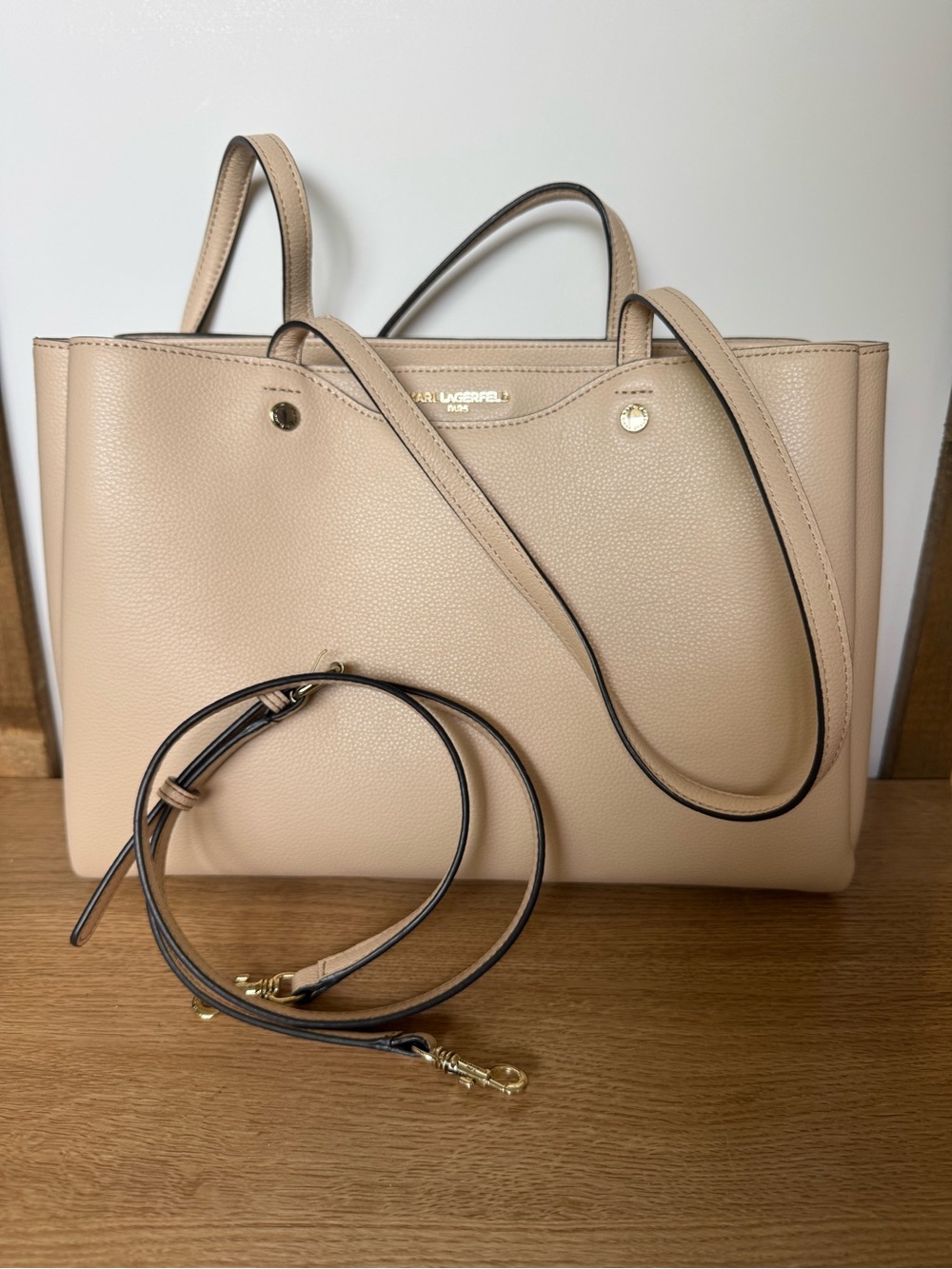 Karl Lagerfeld Beige Pebbled Leather Tote with Gold Accents